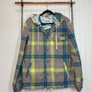 Kirra Men Jacket Hooded Lightweight Gray Yellow Plaid Windbreaker Size M
